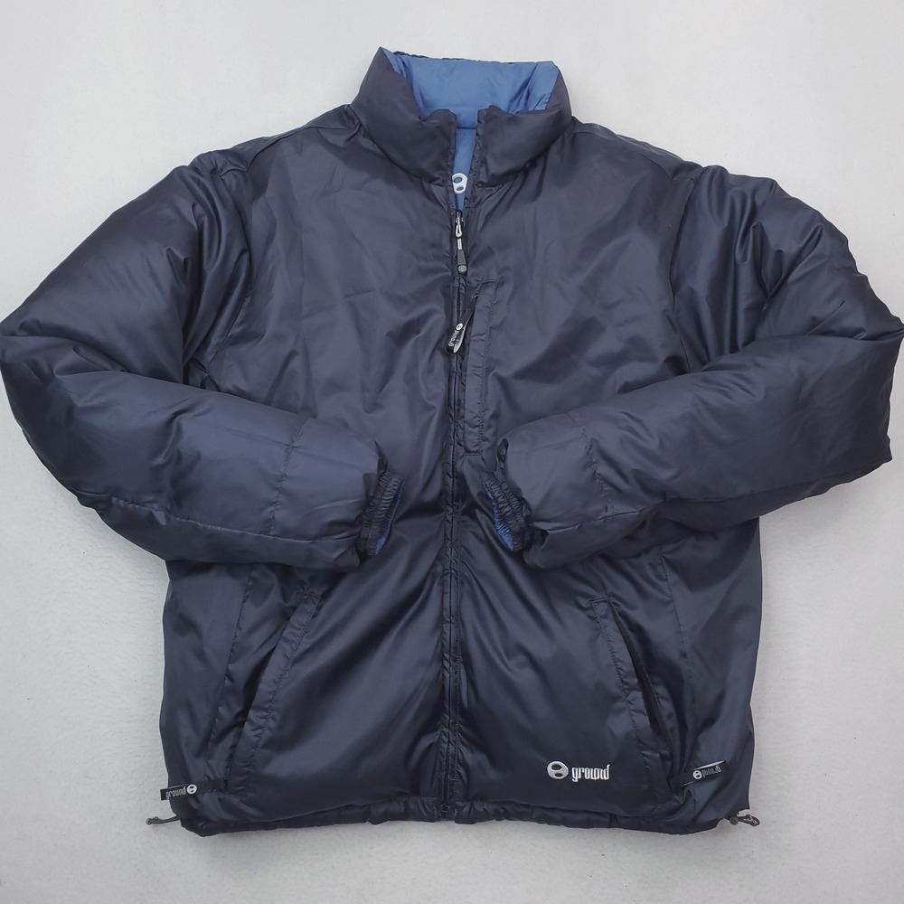 Ground Jacket Mens Large Blue Goose Down Puffer Reversible Packable Outdoor